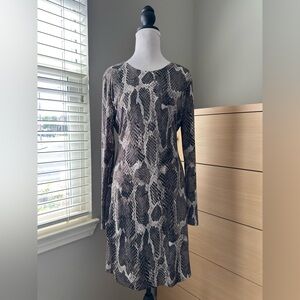 Jennifer Lopez Long Sleeve Snake-Print Midi Dress in Brown and Cream